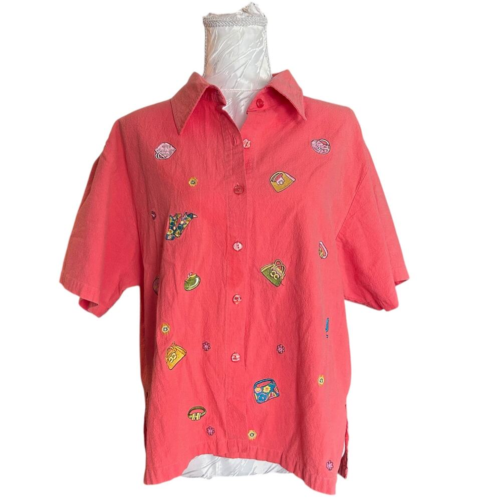 Vintage Coral Pink Embroidered Button-Up Shirt Whimsical Cotton Top Sz Large
